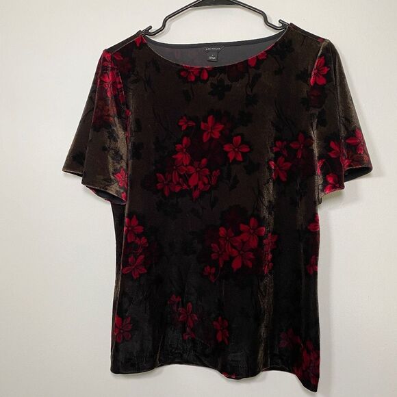 Ann Taylor Crocus Brown Pink Floral Velvet Velour Short Flutter Sleeve Top Sz S - Picture 2 of 5